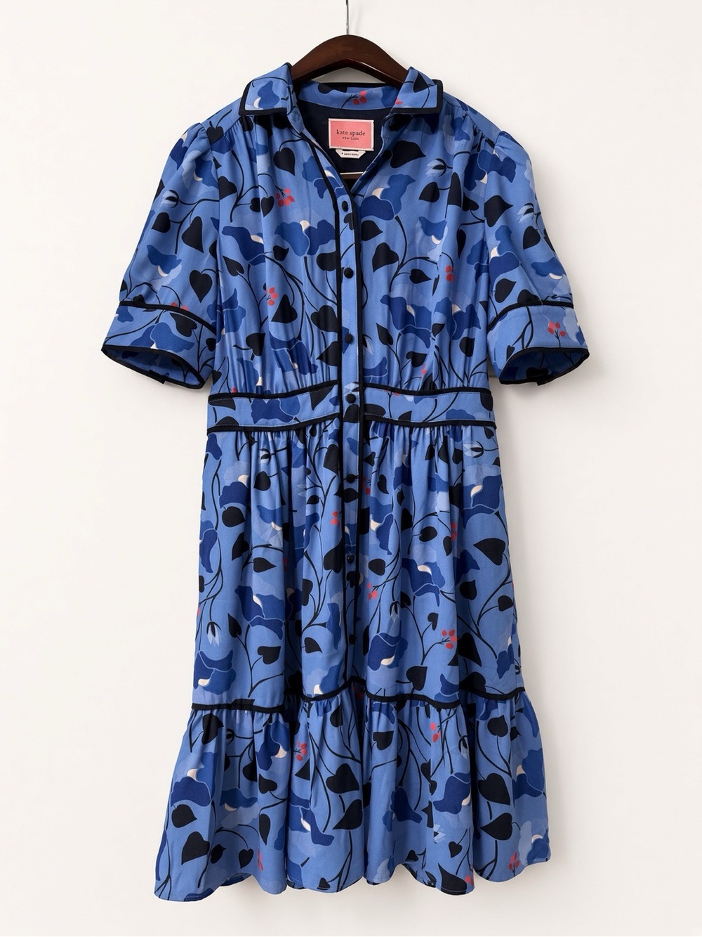 Kate Spade Blue Floral Button-Front Shirt Dress black piping sz 4 EUC